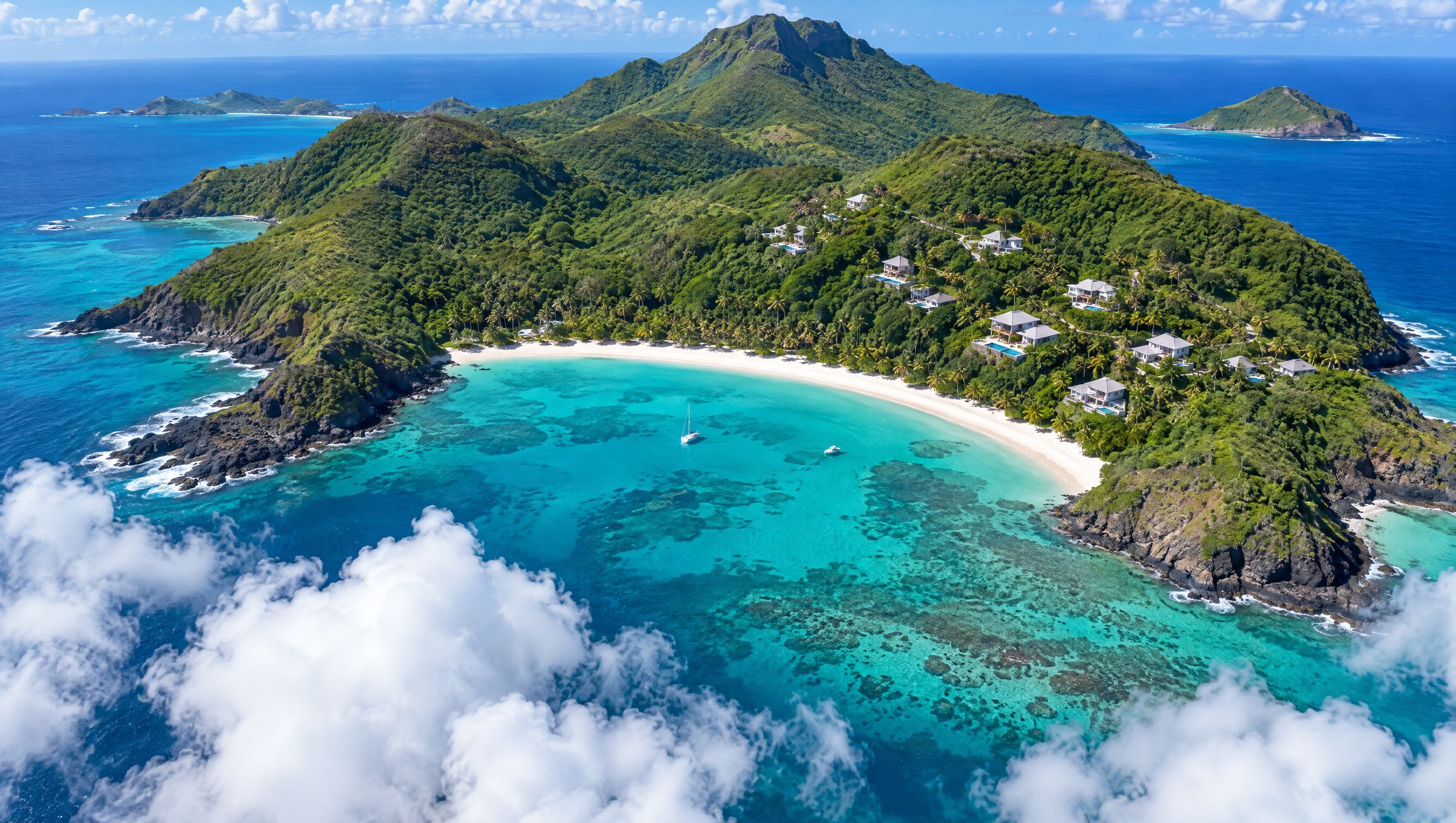 Aerial view of a green island, white beach and turquoise lagoon