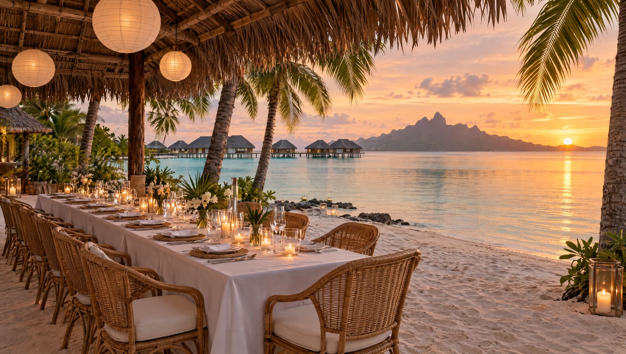 Beach club dinner table on the sand at sunset