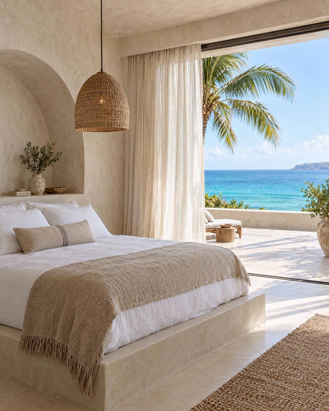 Ocean-view bedroom with arched limewashed walls