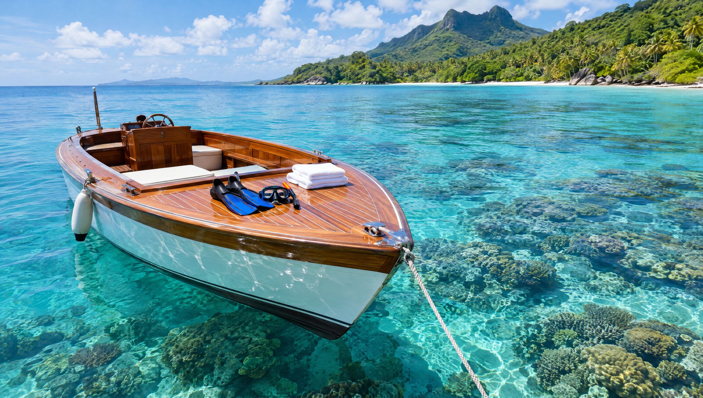 Wooden day boat anchored over a coral reef