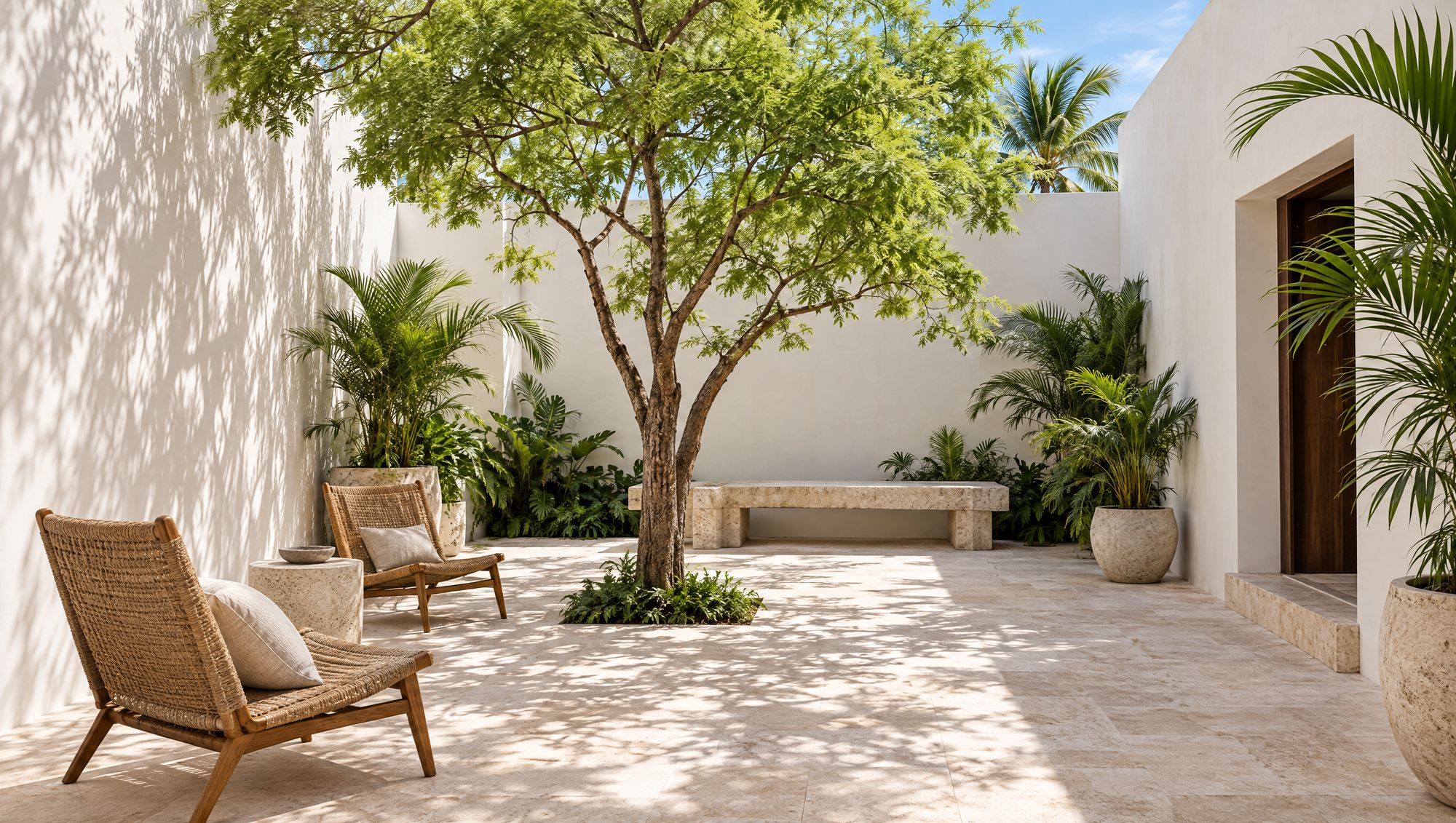 Sunlit whitewashed courtyard with a single tree