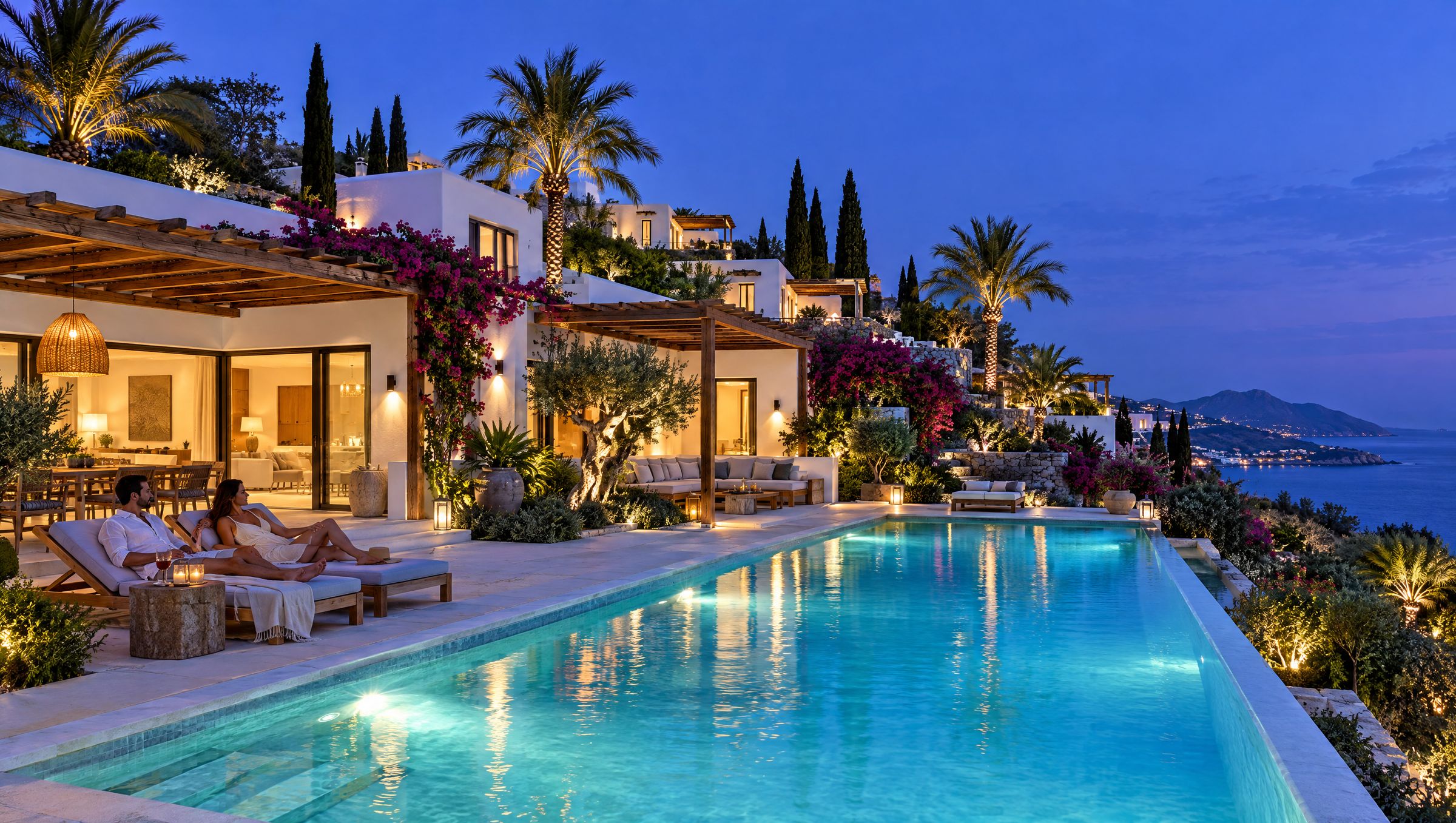 Infinity pool and villas lit at blue hour
