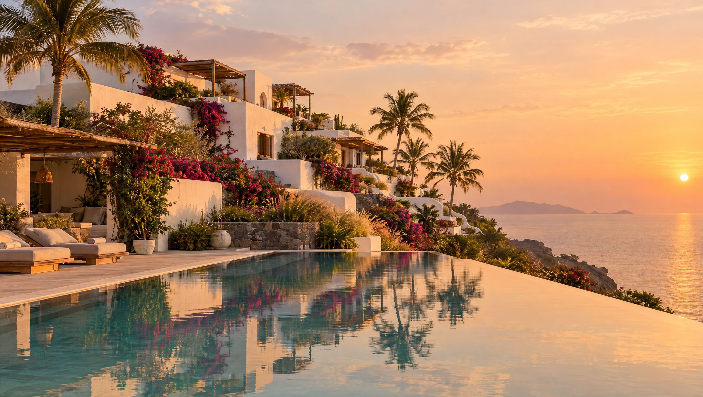 Golden-hour infinity pool reflecting terraced whitewashed suites