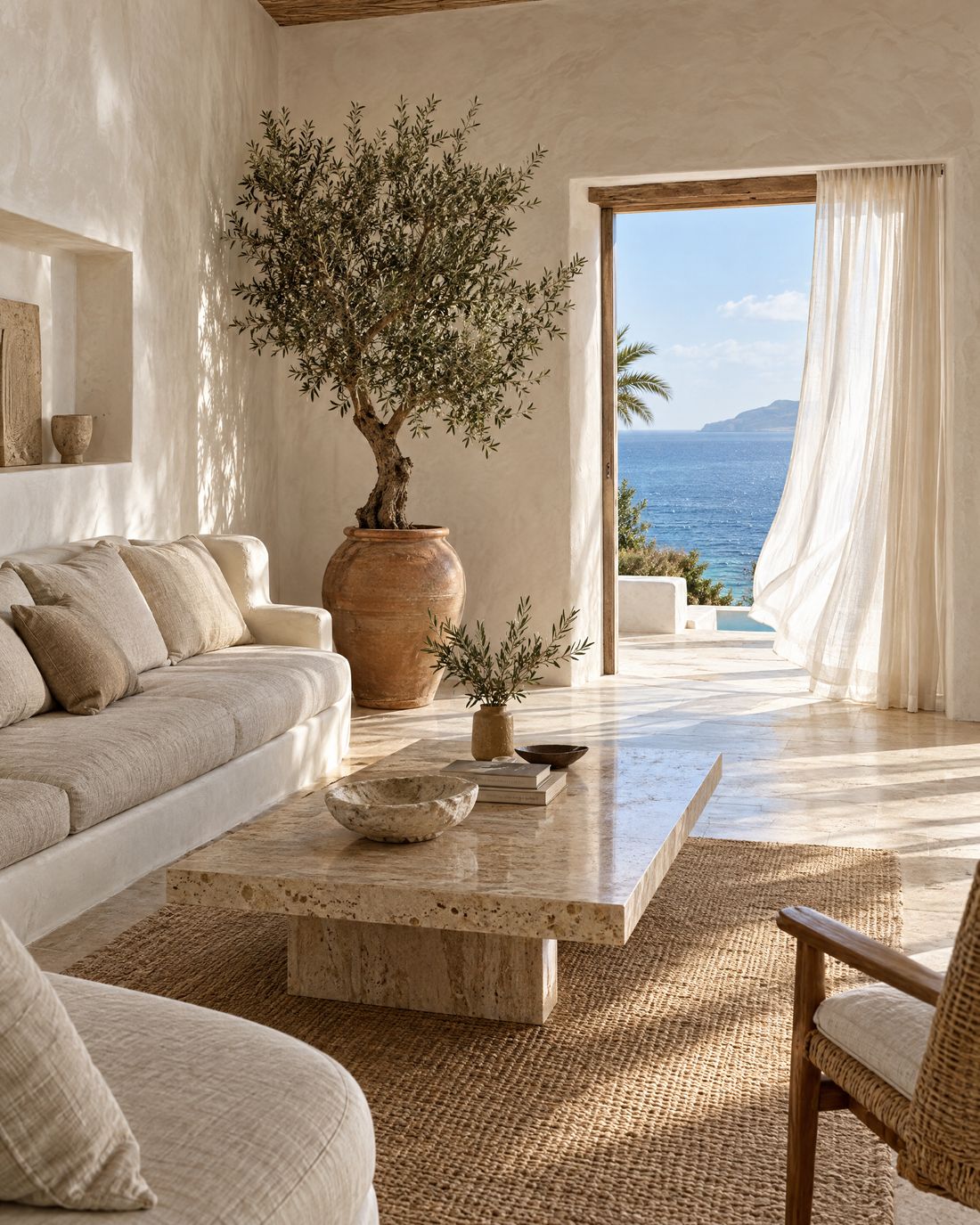 Limewashed suite living room with olive tree
