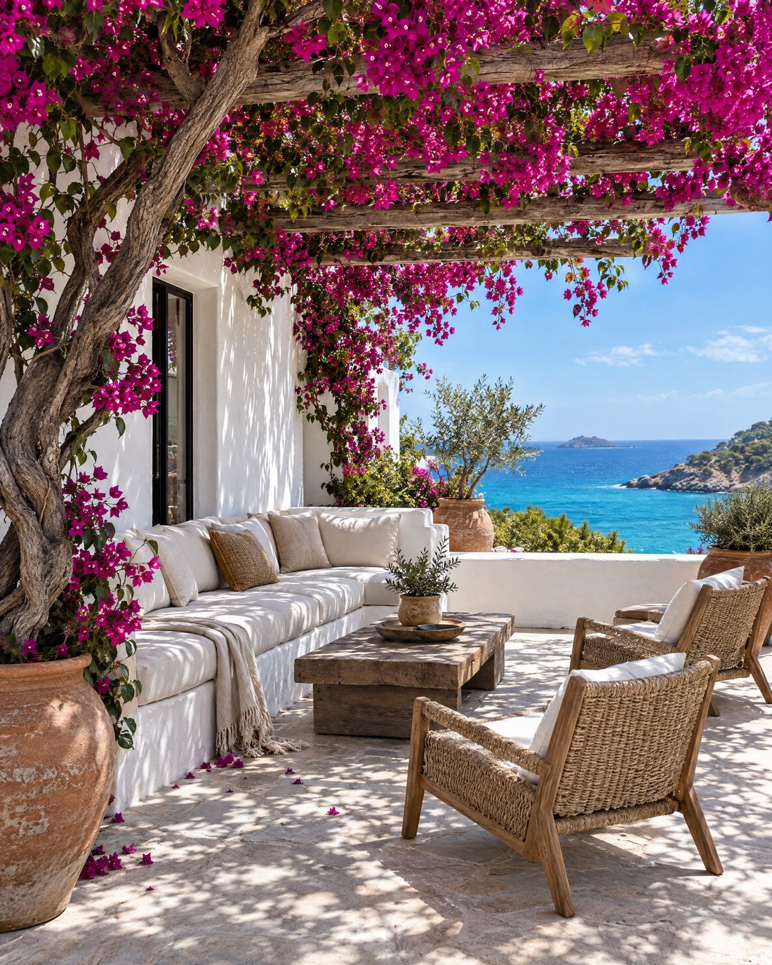 Shaded terrace under a bougainvillea pergola above a turquoise sea