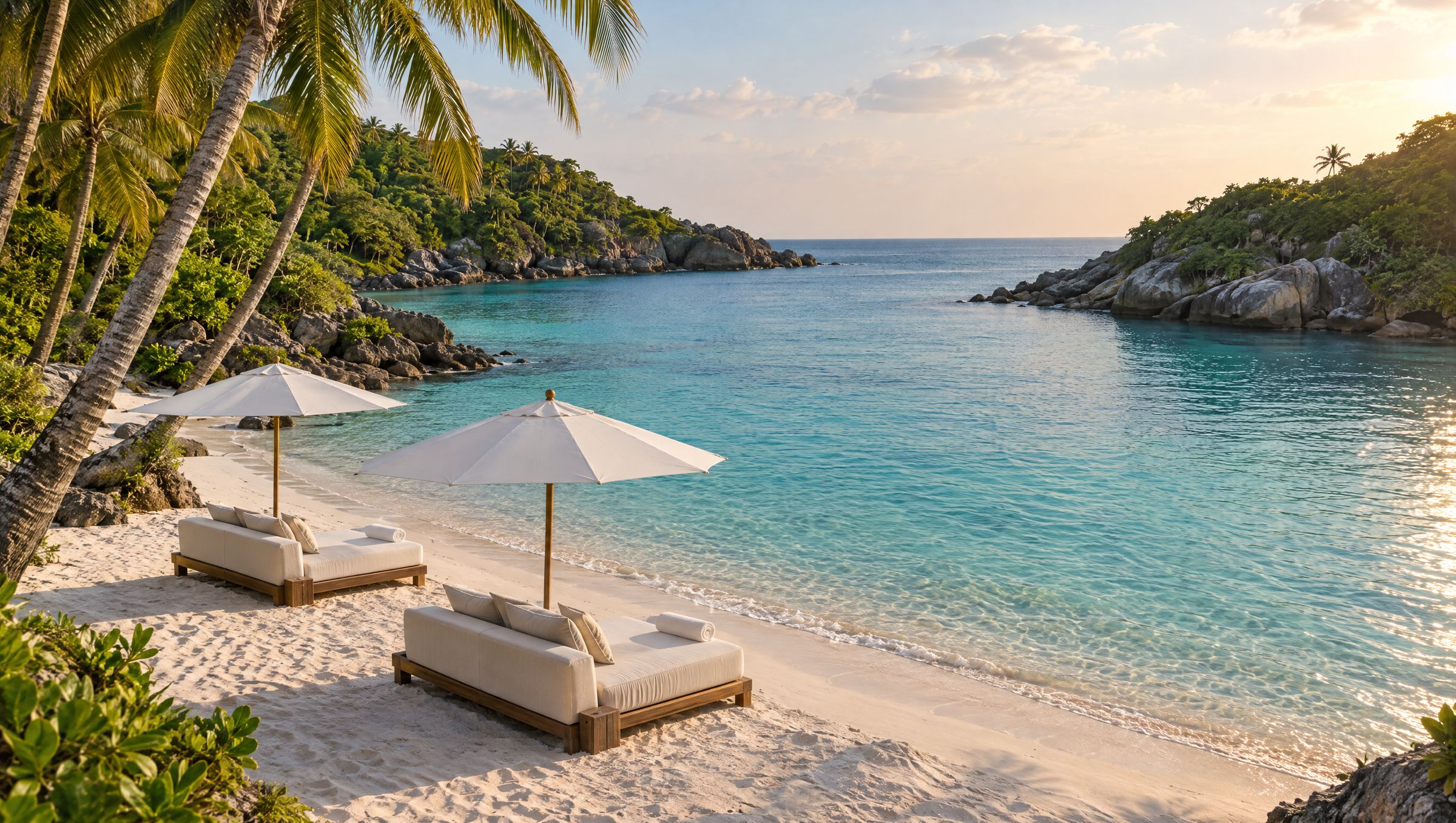 Private white sand cove with two daybeds
