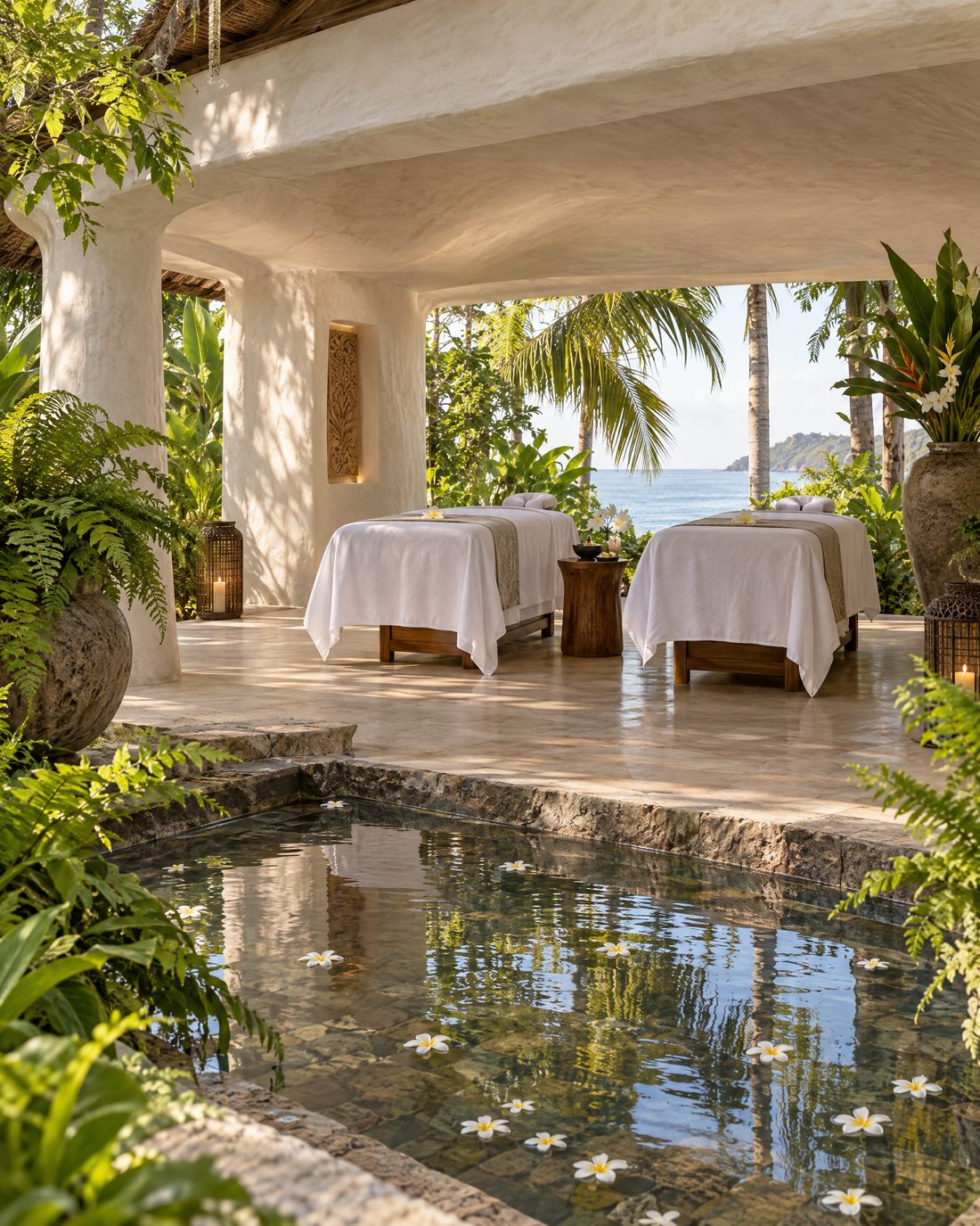 Open-air spa pavilion with reflecting pool